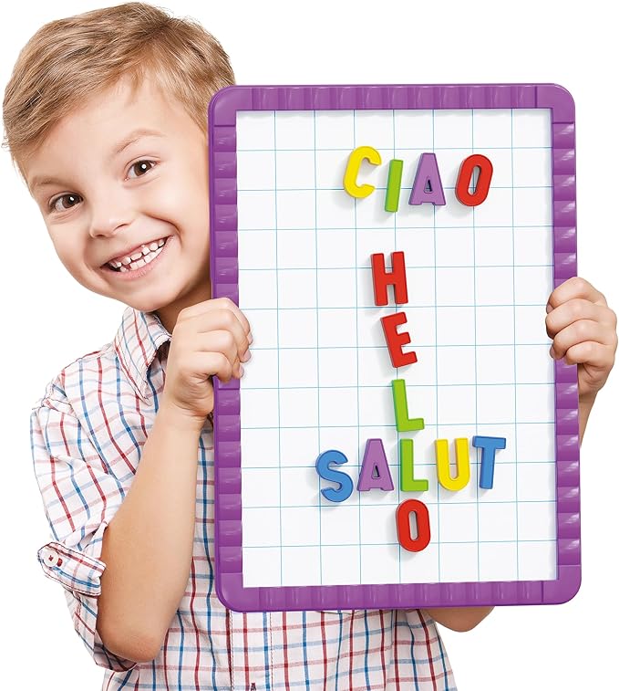 Quercetti: Magnetic Letters Starter Set - 44 Colorful Letters & Magnetic Grid Board, ABC & Spelling, First Words Learning Toy, Preschool Play, Kids 4+