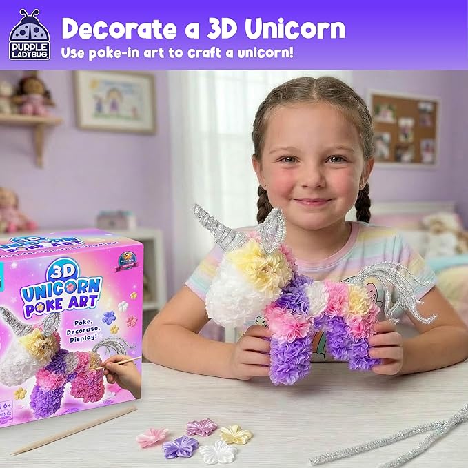 PURPLE LADYBUG Unicorn Poke Art Kit - 3D DIY Foam Figurine Craft Set, Mess-Free Floral Decorating Toy, Creative Art Activity for Kids Ages 4-10 - Giftable Craft Kit for Girls