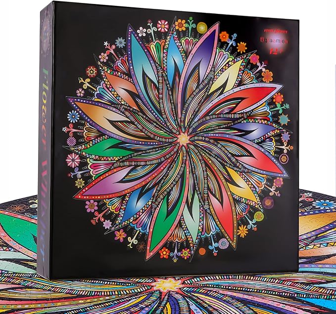 Bgraamiens Puzzle-Blooming Flowers-1000 Pieces Creative Geometric Round Blue Board Colorful Mandala Jigsaw Puzzle