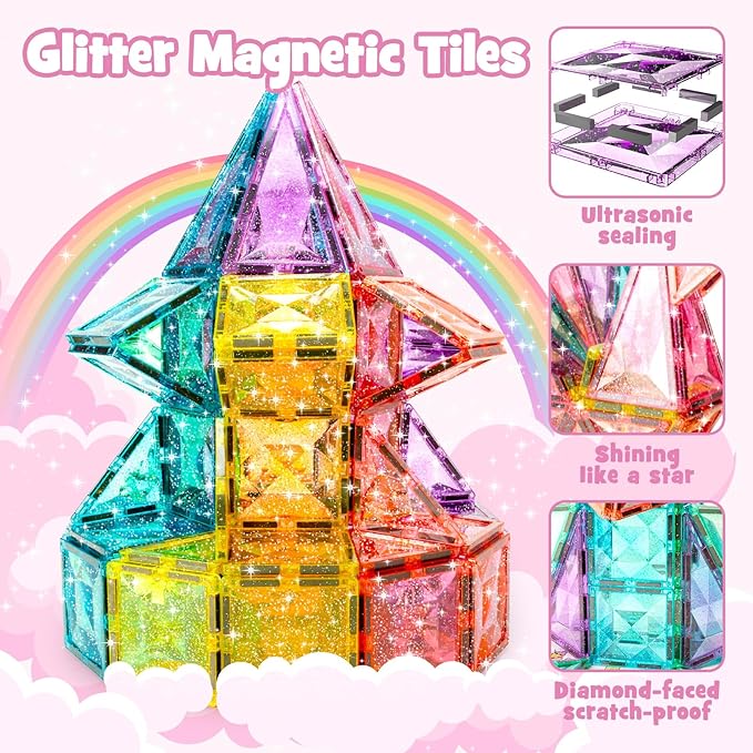 Large Pastel Magnetic Tiles - 48 Pcs Macaron-Colored Glitter Magnetic Blocks with Travel Metal Storage Box - Diamond STEM Toys for Girls Ages 3-8 - Portable Sensory Building Set for Kids