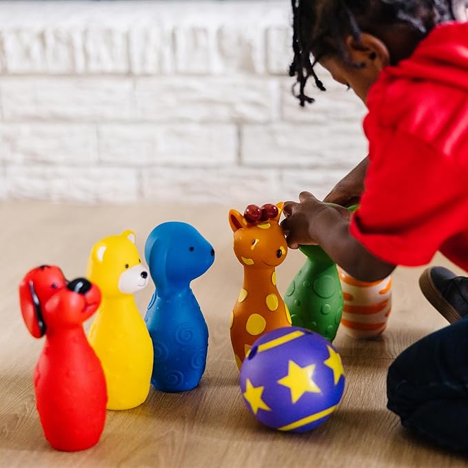 Melissa & Doug K's Kids Bowling Friends Play Set and Game with 6 Pins and Convenient Carrying Case Indoor Outdoor Bowling Set, Soft Plastic Animal Pins, for Ages 2+