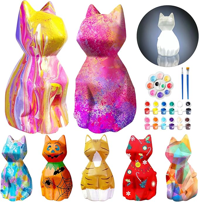 Goody King Paint Your Own Cat Lamp Kit, 2PCS DIY Cat Crafts Night Light, Easter Basket Stuffers, Arts & Crafts for Kids Ages 8-12, Painting Kit for Kids, Easter Birthday Gifts for Kids Ages 4 5 6 7 8+