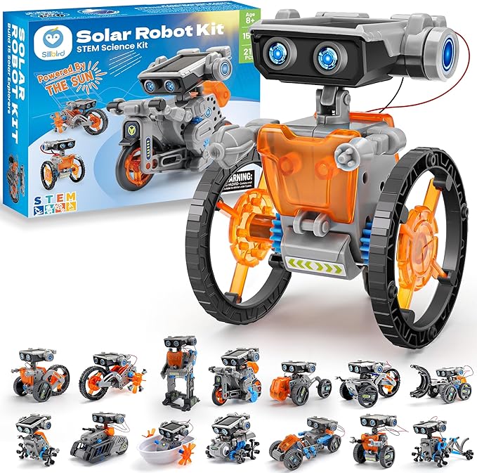 Sillbird Solar Robot Building Kit STEM Gift for Boys Aged 8-13, 15-in-1 DIY Science Educational Robotic Toy for Kids Teens Birthday, Powered by the Sun or Battery with 212 Pieces