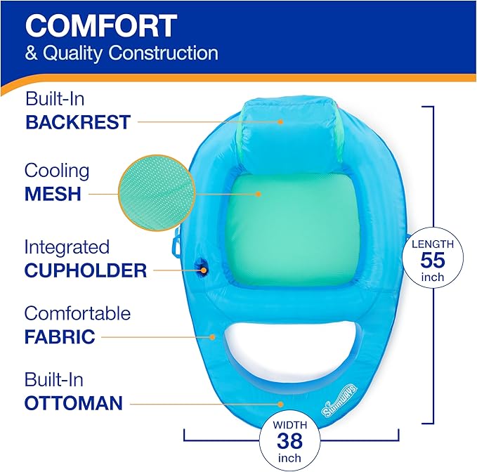 SwimWays Spring Float Premium Recliner Pool Lounger, Inflatable Pool Floats Adult with Fast Inflation for Ages 15 & Up, Sky Blue