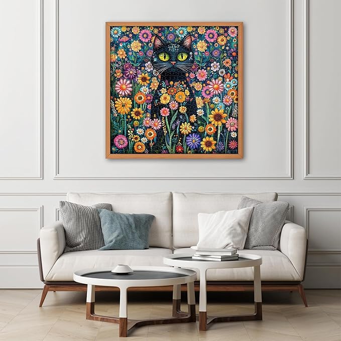 Cat Jigsaw Puzzle for Adults 1000 Pieces, Black Cat Garden Flowers Plants, Kitten Animal Themed Puzzle, Challenging for Adults Kitty