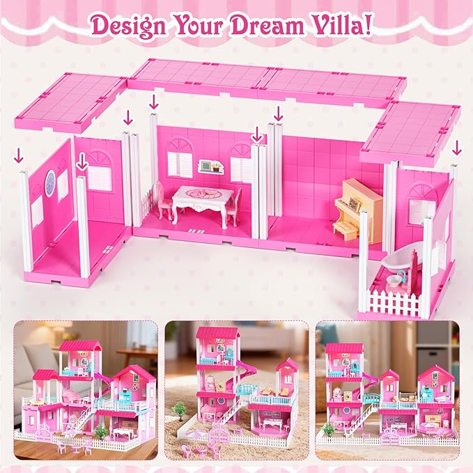 Toylink Pink Doll House for Girls, 3-Story Villa Playset with Light, 3 Dolls, Pool & Slide, Dollhouse Furniture and Accessories, Pretend Play Toddler Toys Birthday Gifts for Kids 3 4 5 6 7 8