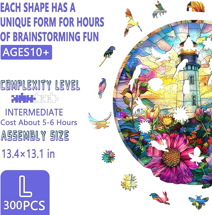 Wooden Puzzles for Adults - Stained Glass Lighthouse Wooden Puzzle, Unique Shape Wood Jigsaw Puzzle for Adults, Wood Puzzles Adult, Gifts for Family, Wall Art Home Decor (300pcs 13.4 * 13.1in L)