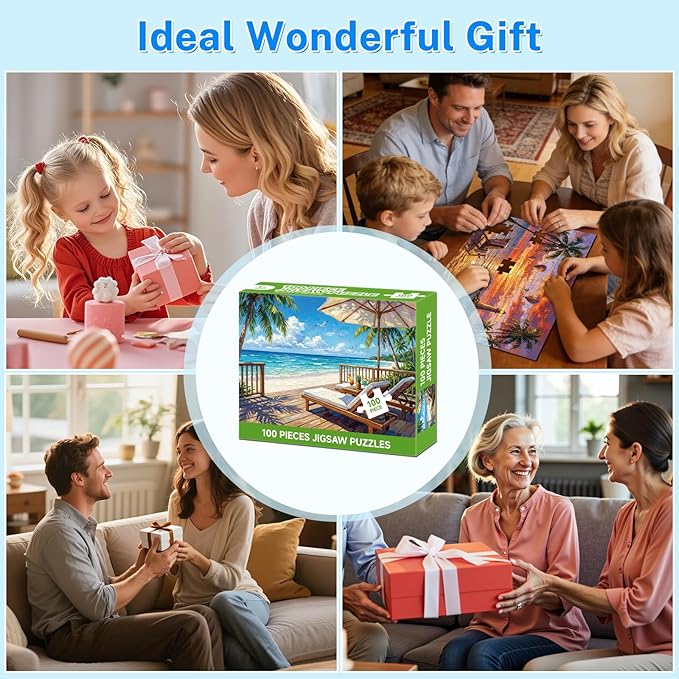 4-Pack 100 Piece Puzzles for Adults Seniors, Nature Landscape Jigsaw Puzzles 100 Pieces, Beach Resort Turtle Sunset Lighthouse Large Piece Jigsaw Puzzles for Seniors Adults Family Game Gifts 15"x11"