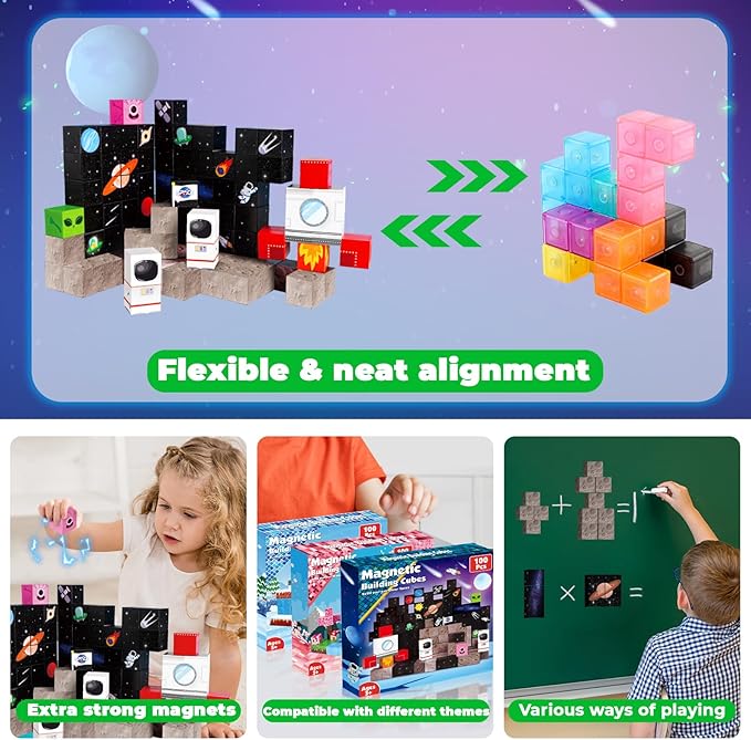 Magnetic Blocks-100PCS Magnetic Building Blocks,Space Rocket Magnetic Tiles Cubes 2026 Upgraded STEM Game, Christmas Birthday Gifts for 3 4 5 6 7 8 9 10 Year Old Boys and Girls