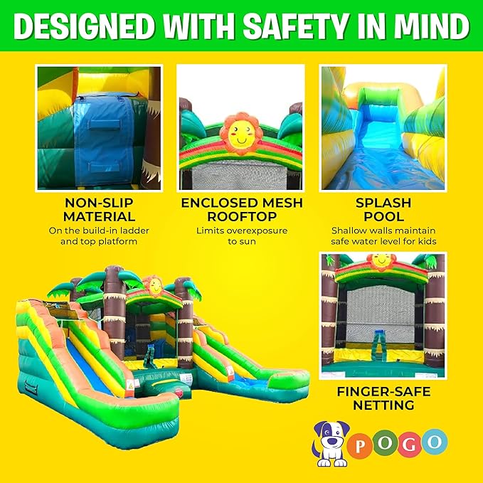 Crossover Tropical Double Water Slide Bounce House Combo, 16.5 x 15 x 11 Foot, PVC Vinyl Inflatable Bouncy House for Kids, Wet or Dry Slides, with Stakes and Storage Bag, Blower not Included