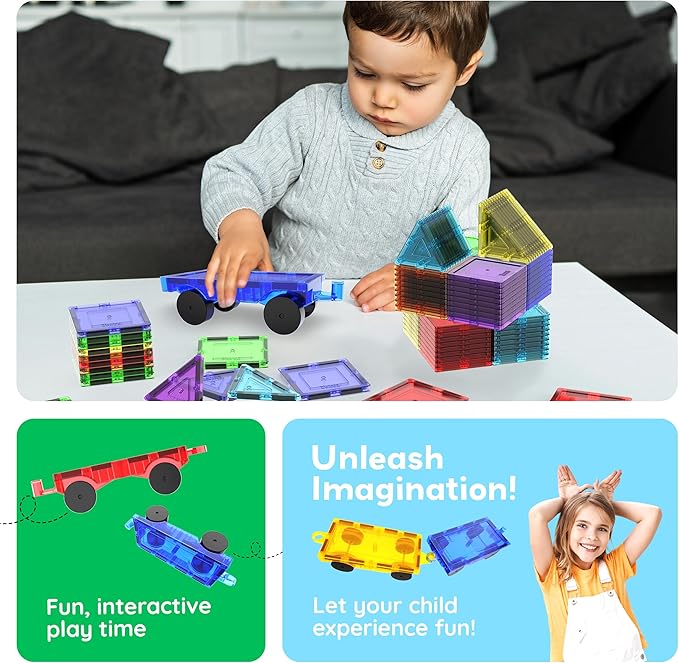 PicassoTiles 4PC Magnetic Tiles Car Truck Base Construction Building Accessory Toy Yellow, Red, Green & Blue Compatible with Magnet Tile Sets Educational STEM Learning Build Kits Boys & Girls PT201