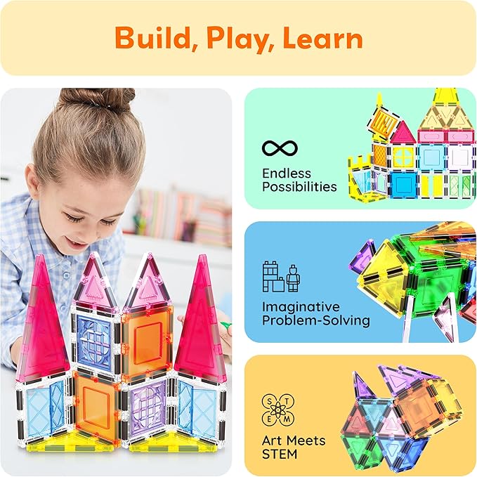 PicassoTiles Magnetic Tiles Magnet Toys Building Blocks Construction Set with 110+ Pages IdeaBook STEM Learning Playset Toddlers Educational Fun Play Kids Boys Girls Sensory Toys Ages 3+ PT03