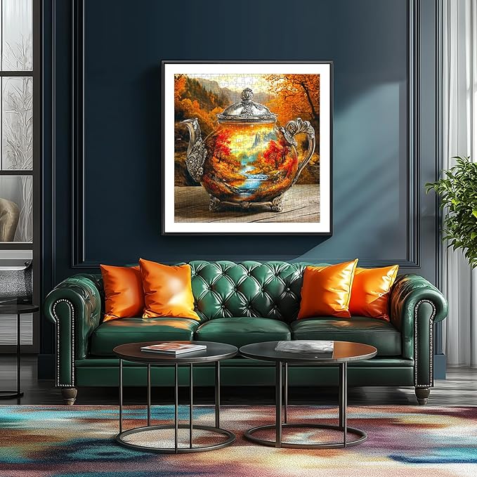 Vintage Autumn Landscape Teapot 500 Piece Puzzle for Adults Whimsical Fantasy Mountain River Nature Scenery Art with Letters on Back Challenging Games Gifts for Seniors & Families- 20x20 Inch
