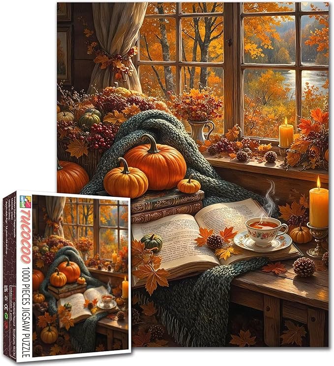 Autumn Scenery Jigsaw Puzzle 1000 Pieces Adults Window Fallen Leaves Puzzle Thanksgiving Puzzle Challenging for Family Game Perfect Family Fun Activity Wall Art Decor Gift 19.7 "x 27.6 "
