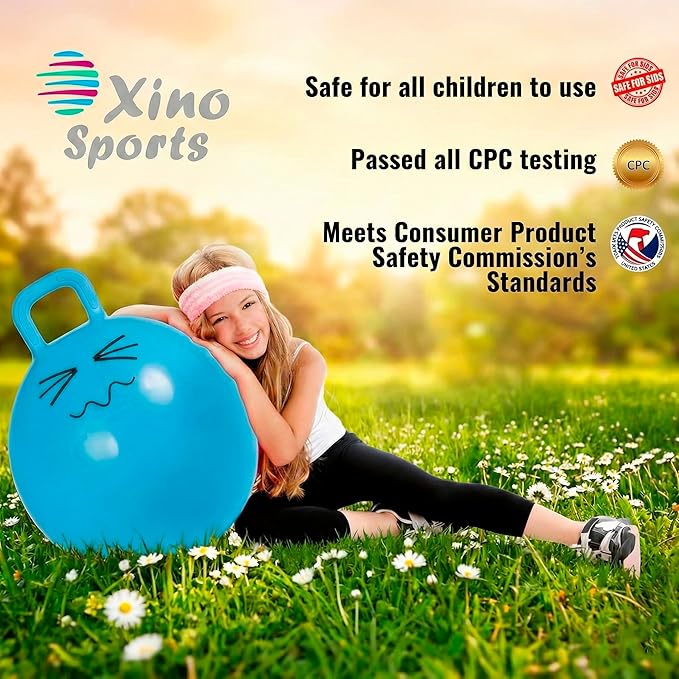 Xino Sports Hopping Ball for Kids, Teens & Adults - Fun Bouncy Ball with Handle, Durable and Safe Hopper, Indoor and Outdoor Toy for Jumping & Exercise (Blue, 22 Inch Diameter)
