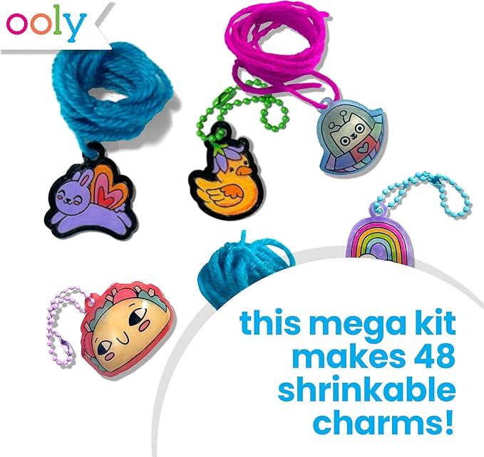 Ooly 74 PC DIY Shrinking Art Kit with 8 Paint Markers, Includes 48 Plastic Pre Cut Charms, 15 Colored Ball Chains and 2 Colored Cords, No Mess Creative Activity Jewelry Making Kit
