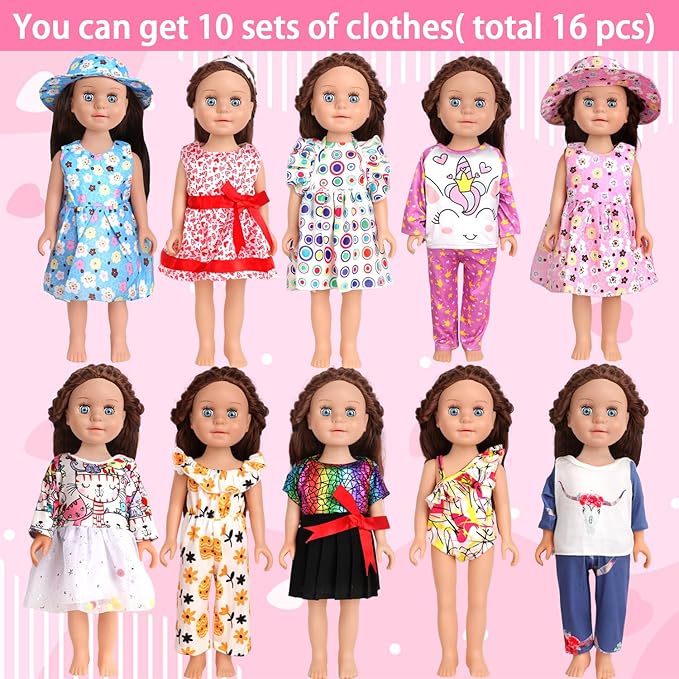 10 Sets of 18 Inch American Doll Clothes, Including 10 of Doll Clothing Dress Outfits for American Dolls, Birthday Gifts for Kids
