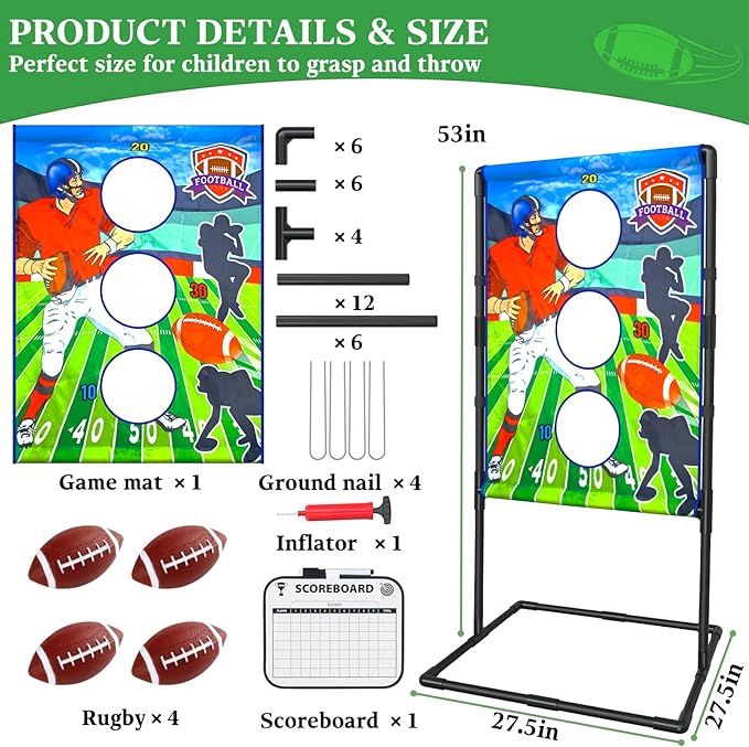 2025 New Upgrade Metal Football Toss Game with 4 Inflatable Balls Throwing Target Games Football Gifts for Boys 8-12, Target Practice for Kids Ages 3+ Sports and Outdoors Toys for Family Fun Play