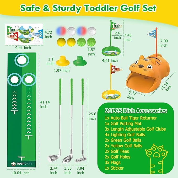 Toddler Golf Set with Tiger Automatic Returner, LED Light Up Balls, 3 Clubs, Putting Mat, BPA-Free 3-8 Years Kids Golf Set Yard Game Indoor Outdoor Sports Toys for Boys Girls Birthday Gifts