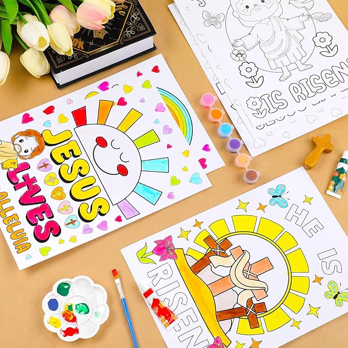 Zhanmai 30 Pcs Easter Craft Coloring Poster, Color Your Own Funny Religious Posters DIY He Lives Easter Crafts Bulk Religious Cross Butterfly Bible for Party Church Sunday Activities