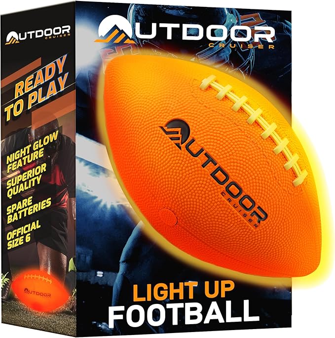 Outdoor Cruiser Light Up Football - Waterproof Rubber Construction, Glow in the Dark, Glows Up to 30 Hrs with Tap Activation, Complete Set with Pump & Spare Batteries, Official Size 6, for Ages 8-15