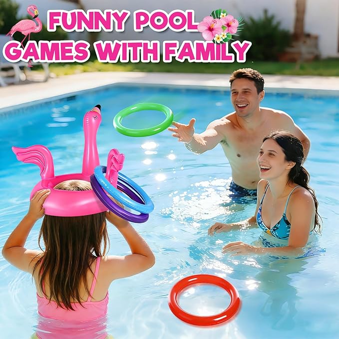 Camlinbo 15 Pcs Inflatable Flamingo Pool Toys Ring Toss Pool Game, Flamingos Luau Party Decor Hawaiian Beach Toys Carnival Outdoor Luau Party Games Supplies for Adults Family