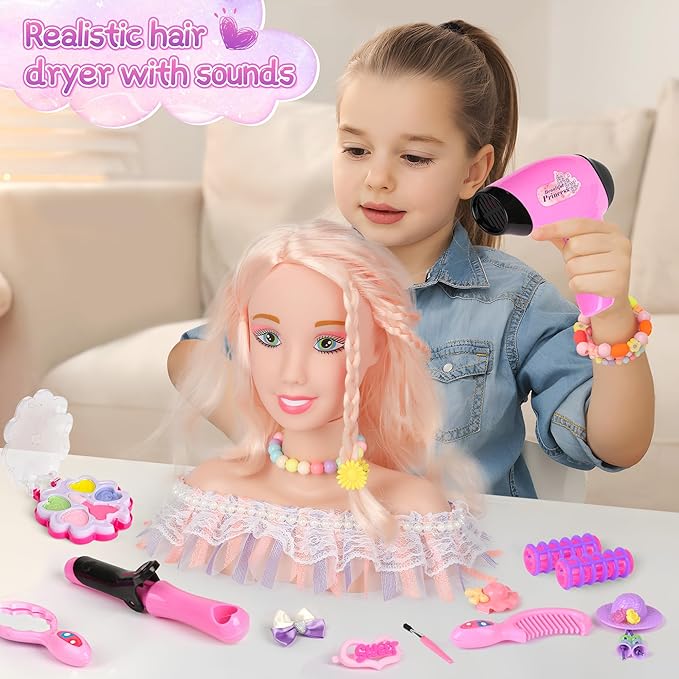 39PCS Hair Styling Doll Head Makeup Kit for Girls,Pretend Play Hair Styling Set,with Hairdryer Curling Iron Crown Hairpins Accessories Kit Birthday Gifts for 3 4 5 6+ Years Old Toy