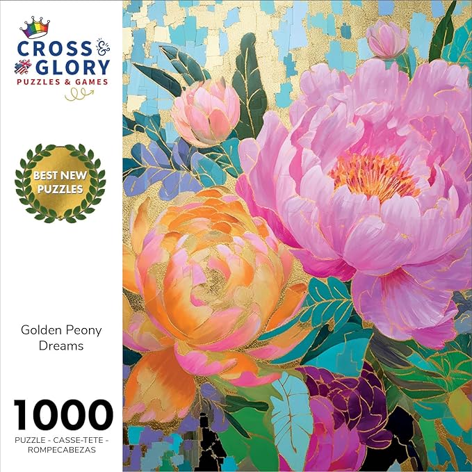 Cross & Glory - Golden Peony Dreams - 1000 Piece Jigsaw Puzzle for Adults | Vibrant Mosaic-Inspired Artwork with Gold Leaf Details | Premium Quality