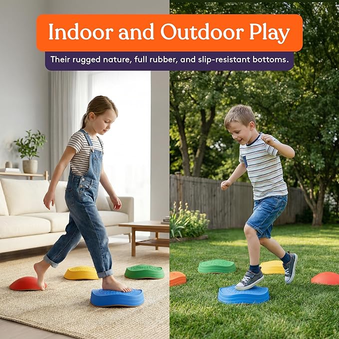 Special Supplies Stepping Stones for Kids, 5 Balance Indoor and Outdoor Blocks Promote Coordination, Balance, Strength, Child Safe Rubber, Non-Slip Edging, Stackable