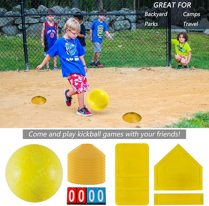Kickball Set with Bases and Ball - 8.5" Kickball, Rubber Throw Down Bases, Sports Traning Cones, 12" Pump and 14" Scoreboard - Perfect for Kids and Adults - Playground and Backyard Game
