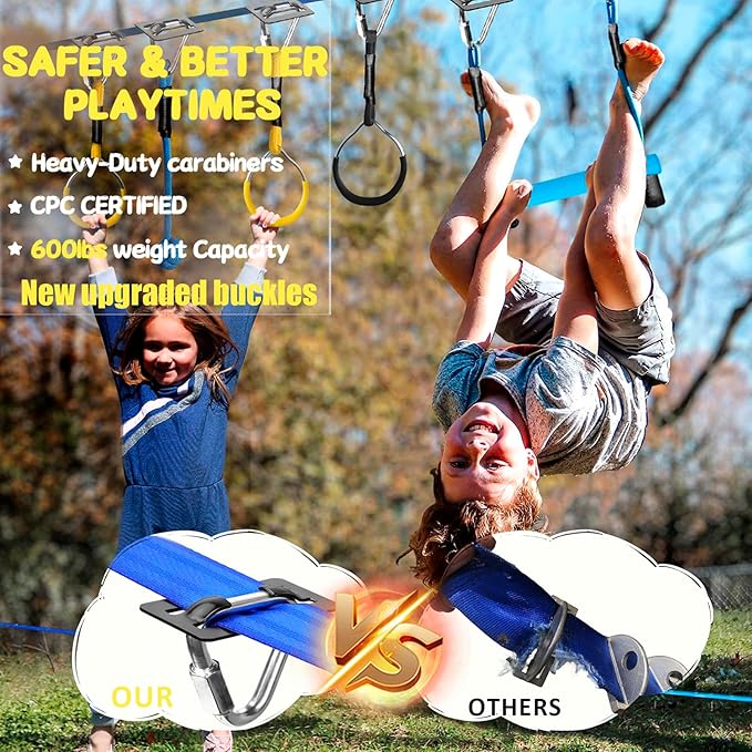 Ninja Warrior Obstacle Course for Kids - 2*56FT Slackline Kit with 8 Obstacles | Upgraded Quick-Install Buckles (No Threading Needed), 900lbs Max Load Backyard Training Gear