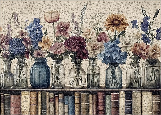 Retro Wildflowers Puzzles for Adults 1000 Pieces, PICKFORU Christian Jesus Floral Book Pages Religious Jigsaw Puzzle, Impossible Challenging Vintage Bookshelf Puzzles as Art Decor