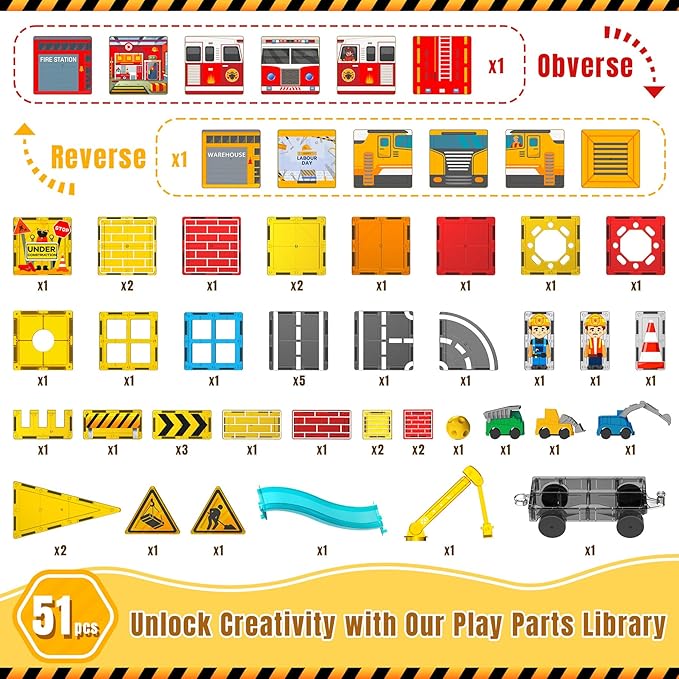 Magnetic Tiles Construction Toys with Road & Crane & Marble Run, Double-Sided Fire Station & Building Magnet Tiles for Kids Ages 4-8, STEM Magnetic Blocks Gifts for 3 4 5 6 7 8 Year Old Boys