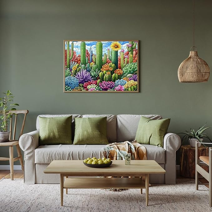 Puzzles for Adults 500 Pieces, Stained Glass Jigsaw Puzzles 500 Pieces - Cactus Garden, Cactus Wall Art Puzzle for Families, Finished Size 20.47 * 14.96”, with 1:1 Poster, Letter on the Back