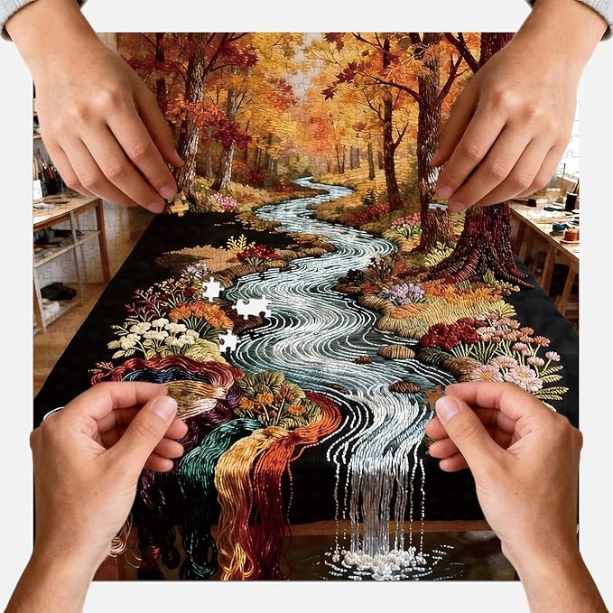 1024 Piece Jigsaw Puzzle for Adults, Embroidery Autumn Stream Landscape, Impossible Puzzle for Family Game Night, Decorative Wall Art Gift for Nature & Craft Lovers, 23.86 x 23.86 Inches