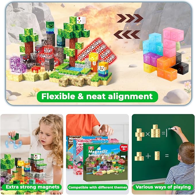 200 PCS Magnetic Blocks with Light Up Blocks - Magnetic Building Blocks, Magnetic Construction Cube Toys, STEM Sensory Learning Toys, Easter Christmas Birthday Gifts for Toddlers Boys and Girls Age 3+