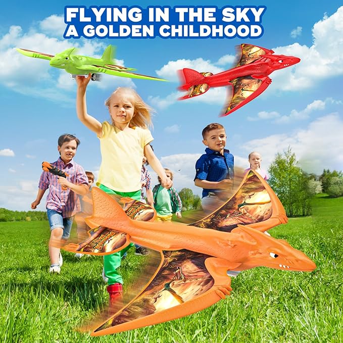 3 Pack Dinosaur Airplane Launcher Toys,Flying Toys for 3 4 5 6 7 8 9 10 Year Old Boys,Kids Toys 5 6 7 8 9 10 12 Year Old Boy Gift Ideas,Airplane B-Day Party Supplies, Green,Orange,red