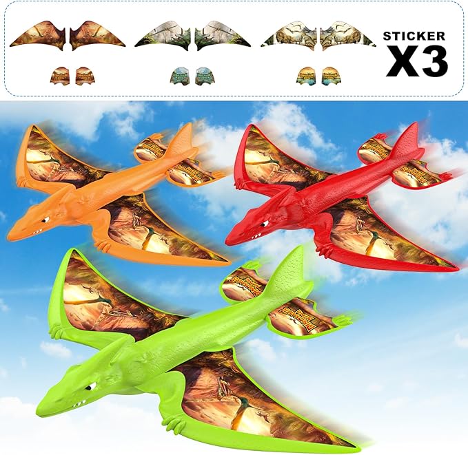 3 Pack Dinosaur Airplane Launcher Toys,Flying Toys for 3 4 5 6 7 8 9 10 Year Old Boys,Kids Toys 5 6 7 8 9 10 12 Year Old Boy Gift Ideas,Airplane B-Day Party Supplies, Green,Orange,red
