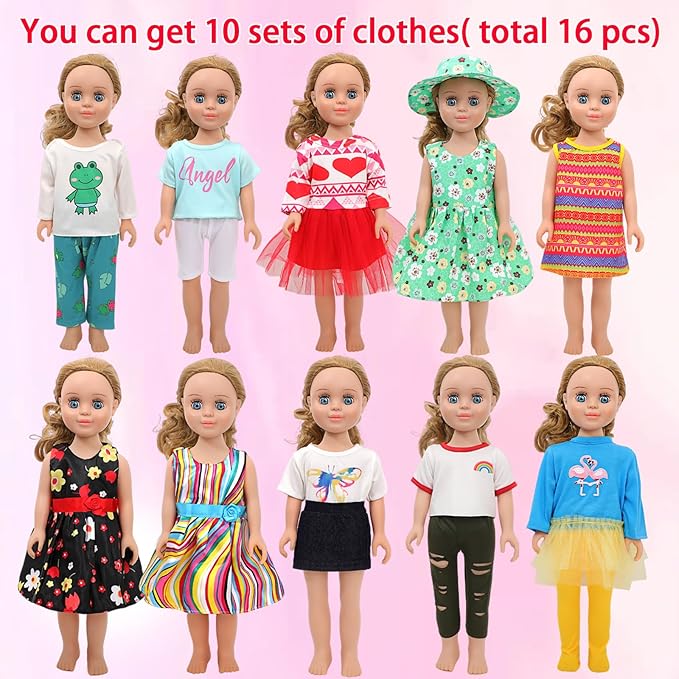 MSYO 10 Sets (16 Pcs) Doll Clothes for 17-18 Inch Dolls, Frog Print/Angel Tee/Floral Dress Variety, Cute Outfits for Play & Gifting