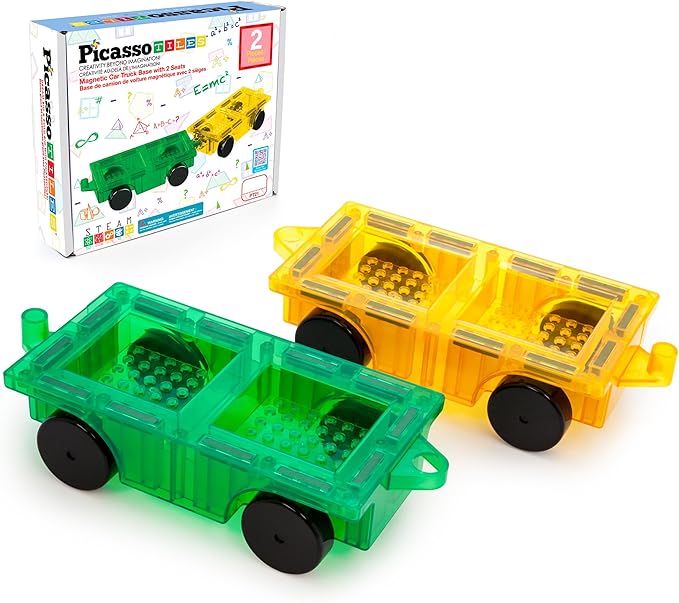 PicassoTiles 2pcs Magnetic Tiles Expansion Car Truck Building Blocks Compatible with regular bricks, Kids Magnet Bricks STEM Learning Toys, Add-ons Toddler Preschool 3 Years and up Boys and Girls PT21