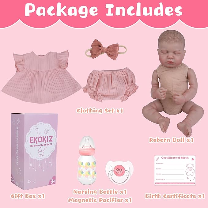 EKOKIZ Realistic Baby Doll, 20-Inch Reborn Baby Doll Girls Soft Cloth Body Newborn Dolls That Look Real, Lovely & Pretty Lifelike Doll with Pink Dress and Toy Accessories for Kids Age 3+