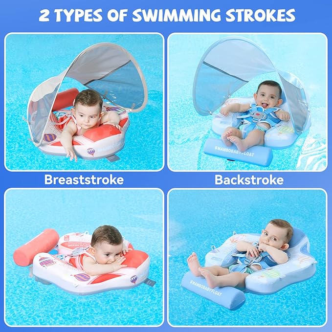Mambobaby Baby Swim Float with Canopy Non-Inflatable Infant Pool Float with Tail 3-24 Months Avoid Flip Solid Skin-Friendly Material for Toddler Boys Girls