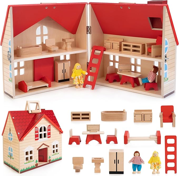 WOODMAM Foldable Wooden Dollhouse with 13PCS Furniture, 4 Rooms and 2 Flexible Dolls, Pretend Play Doll House Set with Portable Handle, Christmas Birthday Gift for Boys Girls Age 3+, Cottage