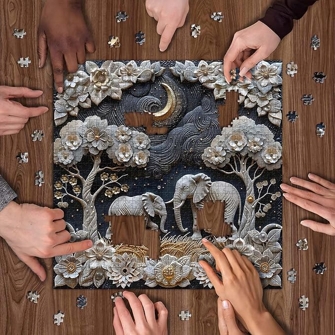 Elephants 1000 Piece Puzzle for Adults, PICKFORU Plant Floral Jigsaw Puzzles Night Sky, Hard Difficult Vintage Animals Theme as House Decor
