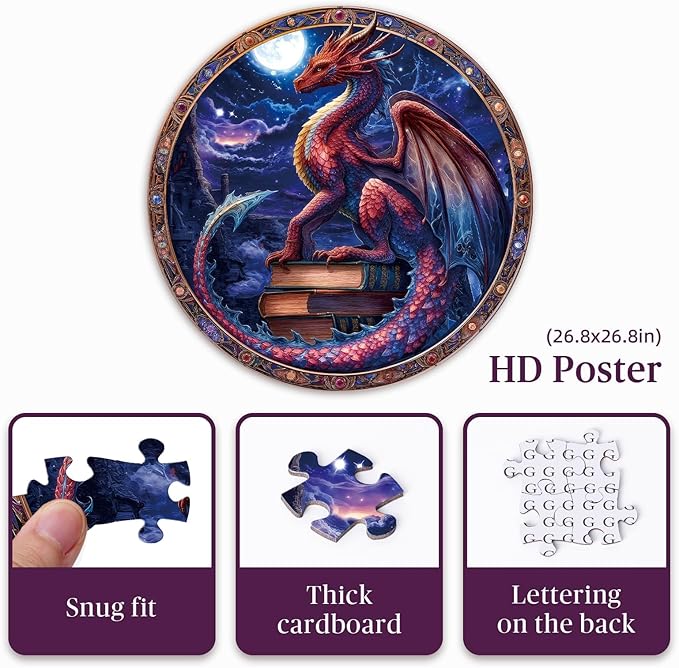 Round Jigsaw Puzzle 1000 Piece - Guardian Dragon & Ancient Books - 26.5in Circular Epic Fantasy Art, Starry Night Jigsaw Gift for Adults
