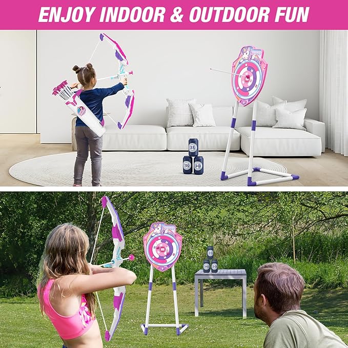 2 Pack Bow and Arrow for Kids 4-6, LED Light Up Archery Set with 24 Suction Cup Arrows, 1 Unicorn Standing Target, 6 Score Targets & 2 Quiver, Indoor Outdoor Sport for Girls Ages 8-12