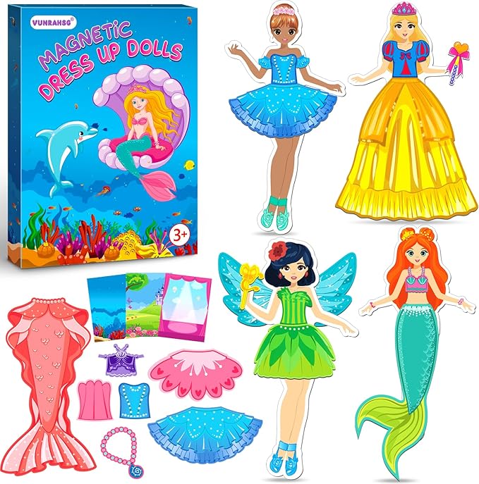 Magnetic Dress Up Dolls Girls Toys Princess Mermaid Fairy Ballerina Fridge Magnets Puzzles Toddlers 3-5 Pretend Play Car Road Trip Airplane Travel Games Activity Birthday Gift 3 4 5 6 7 8 Gilr Boy