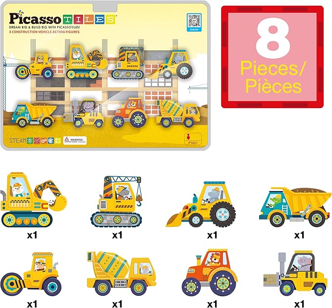 PicassoTiles Magnetic Tile Building Blocks Add On 8 Magnetized Action Figures Construction Vehicles & Zoo Animal Theme Compatible with Magnet Tiles Sets STEM Learning Toy for Boys & Girls Age 3+ PTA21