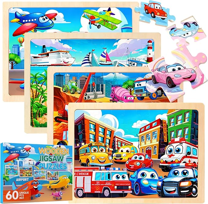 Wooden Puzzles for Kids Ages 5-8, Set of 4 Packs with 60 Pieces Wood Jigsaw Puzzles, Vehicle Theme Educational Toys Birthday Gifts for Kids 4 5 6 7 8 9 Years Old (Vehicle 60 Pieces)