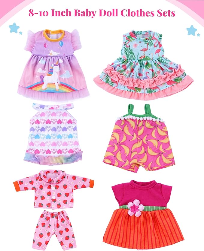 BABESIDE 6-Piece Alive Baby Doll Clothes and Accessories Set for 8-10 Inch Dolls, Includes Cute Dresses, Skirts, and Tops for Baby Dolls, for Kids(Not Doll)